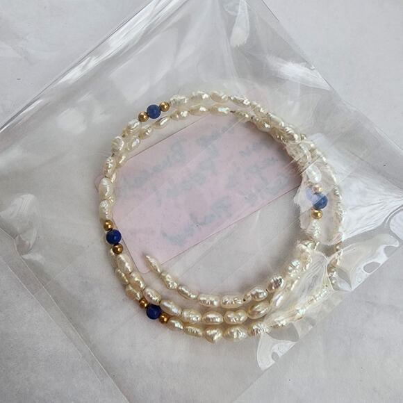 Wrap around bracelet genuine rice pearls white Lapis Lazuli gold beaded boho - Picture 4 of 4